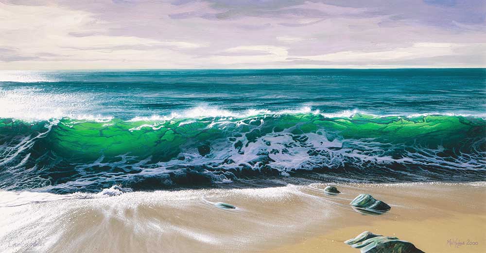 Contemprary art print of impressive wave breaking on beach.