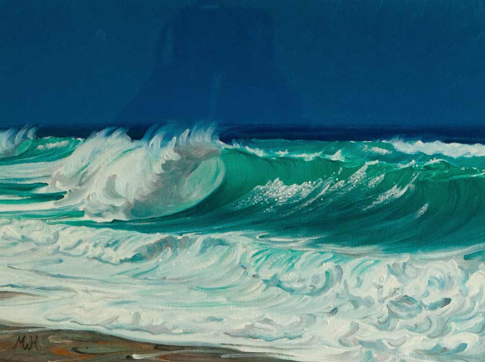 Painting of vivid green surging wave on inky blue sea.