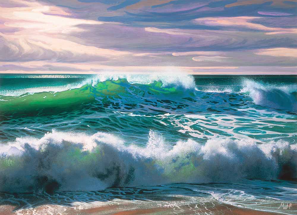 Fine art reproduction of green surfing waves under inky blue sky.
