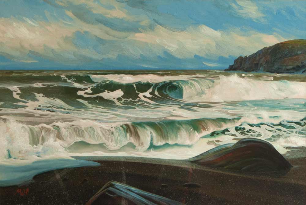 Seascape painting of frothy white waves on secluded beach.