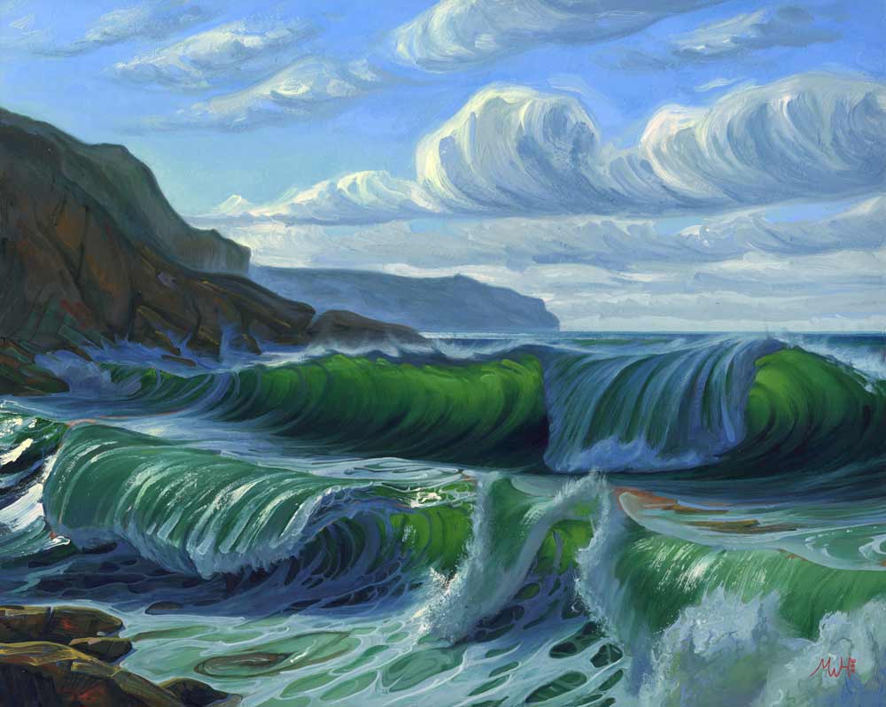 Gouache painting of surfing waves crashing on beach.