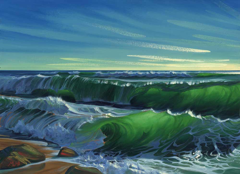 Gouache original of vivid green waves on remote beach.
