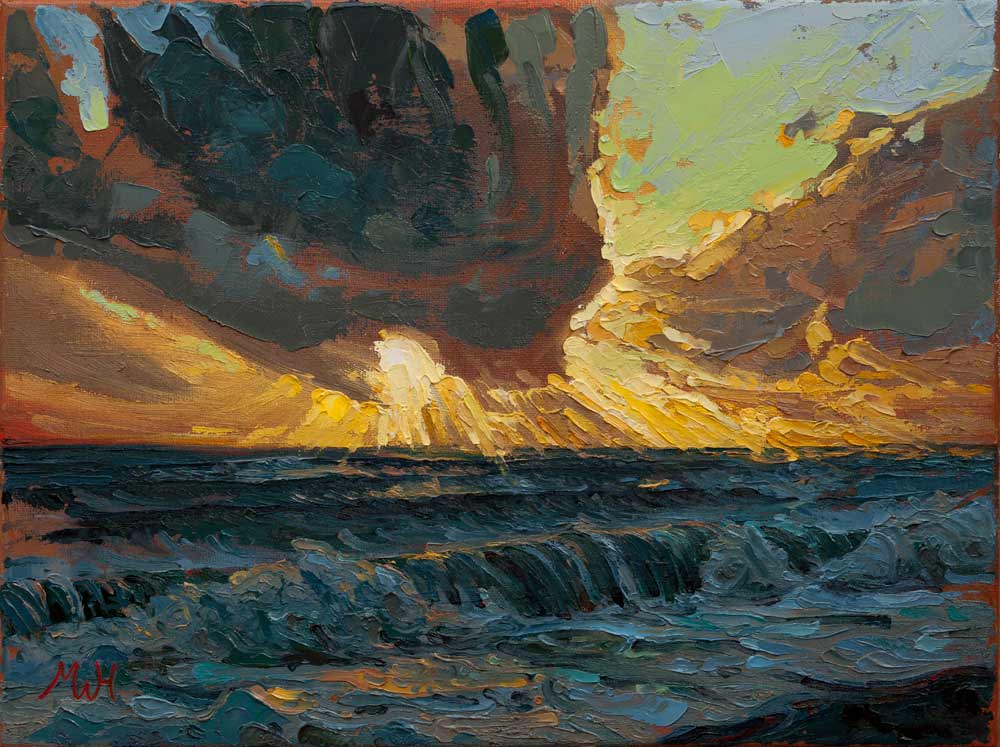 Oil on canvas of vivd sunset at Gwynver beach.