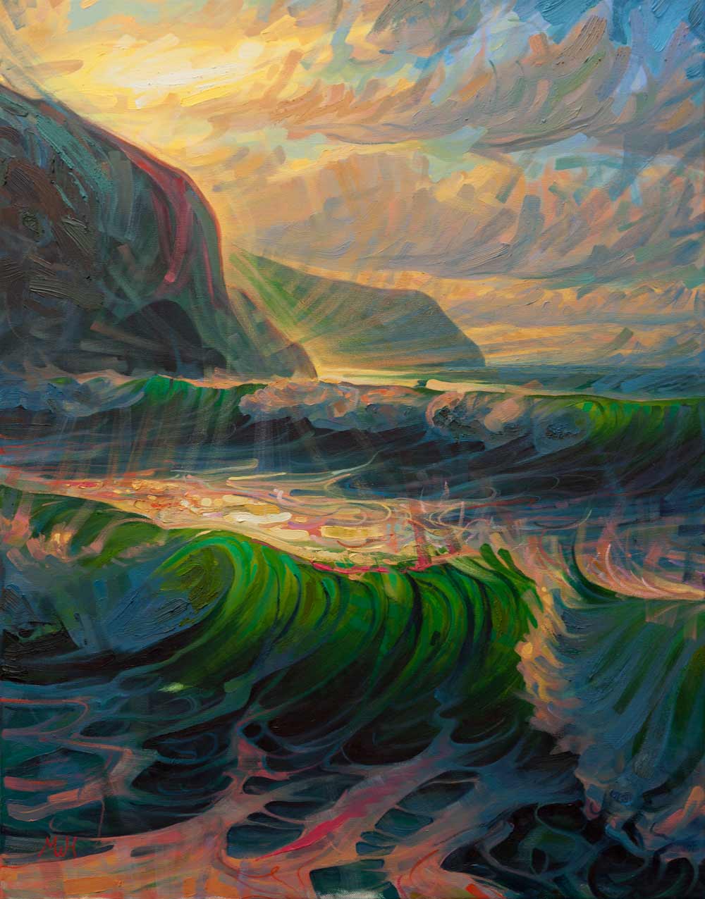 Dramatic seascape of crashing waves under cliffs at sunset.
