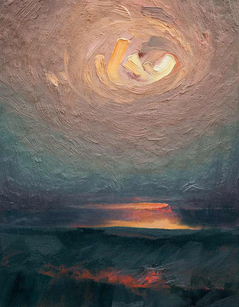 Framed artwork of seashore at sunset.