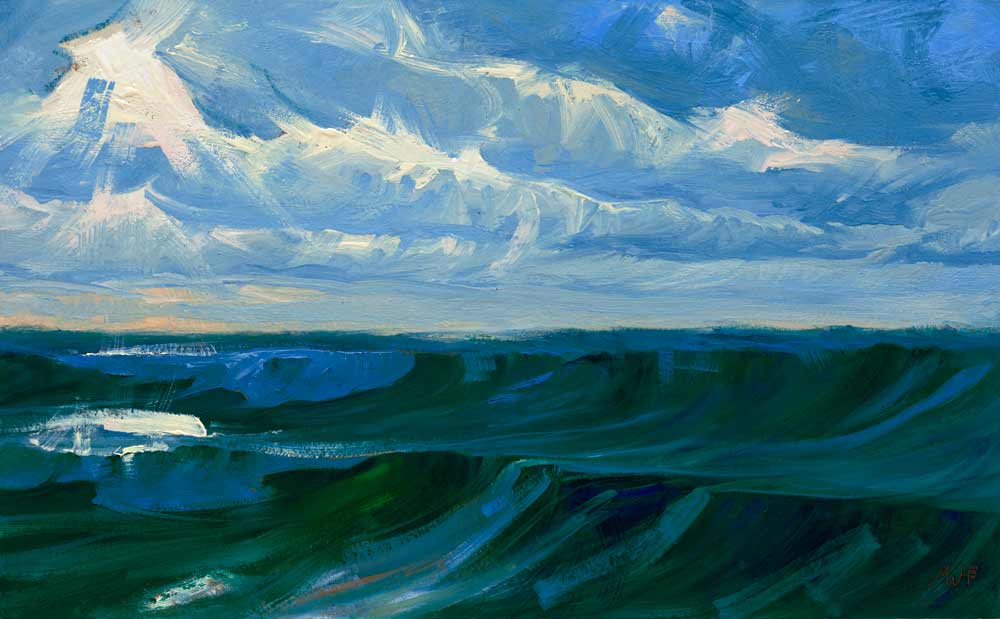 Framed artwork of stormy sea.
