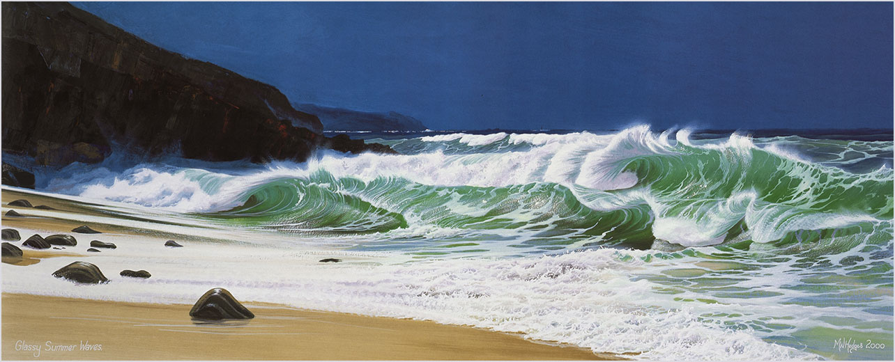Fine art reproduction of green surfing waves under inky blue sky.