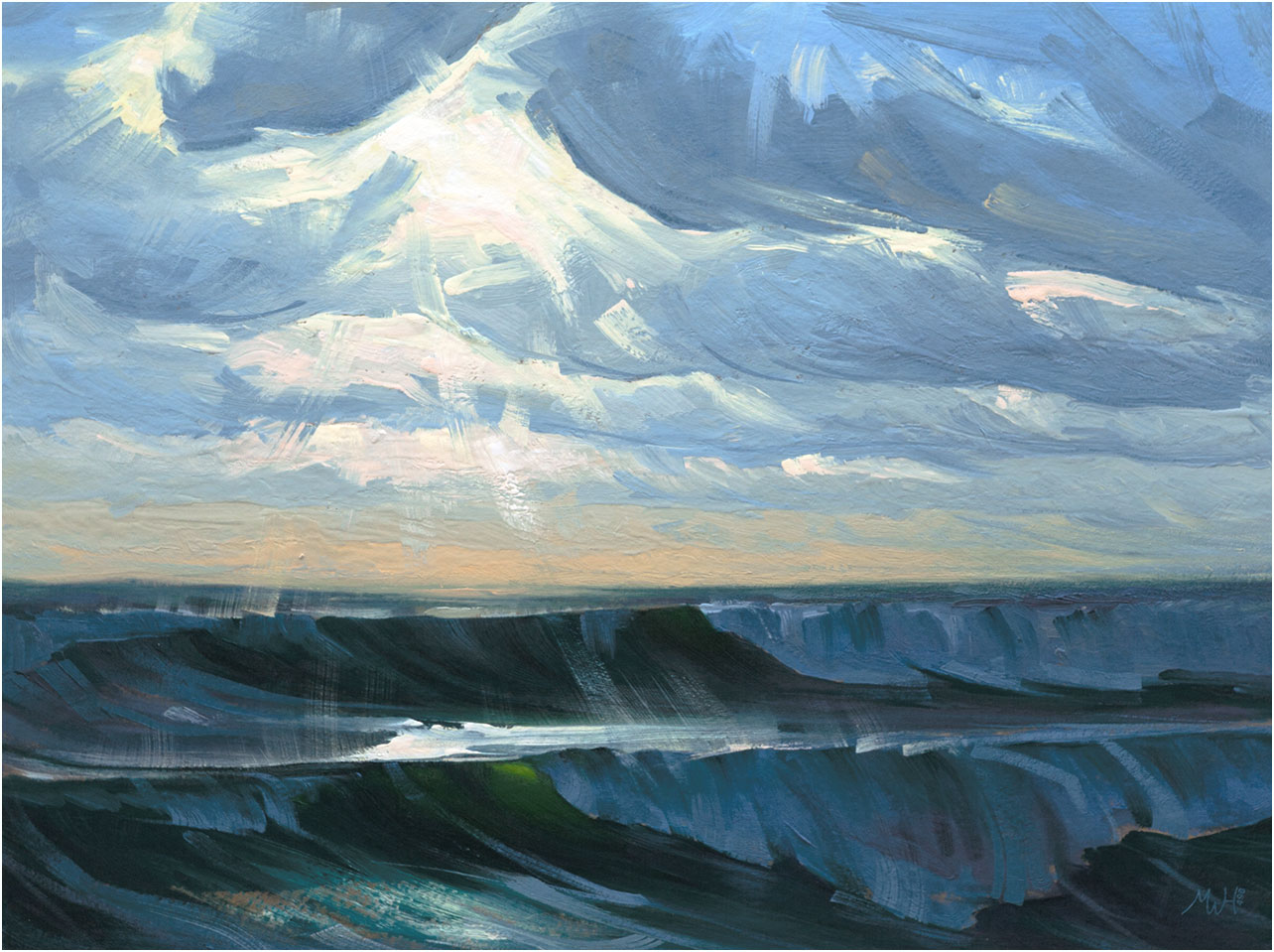 Seascape painting of rough open sea in winter with large waves and dramatic clouds.