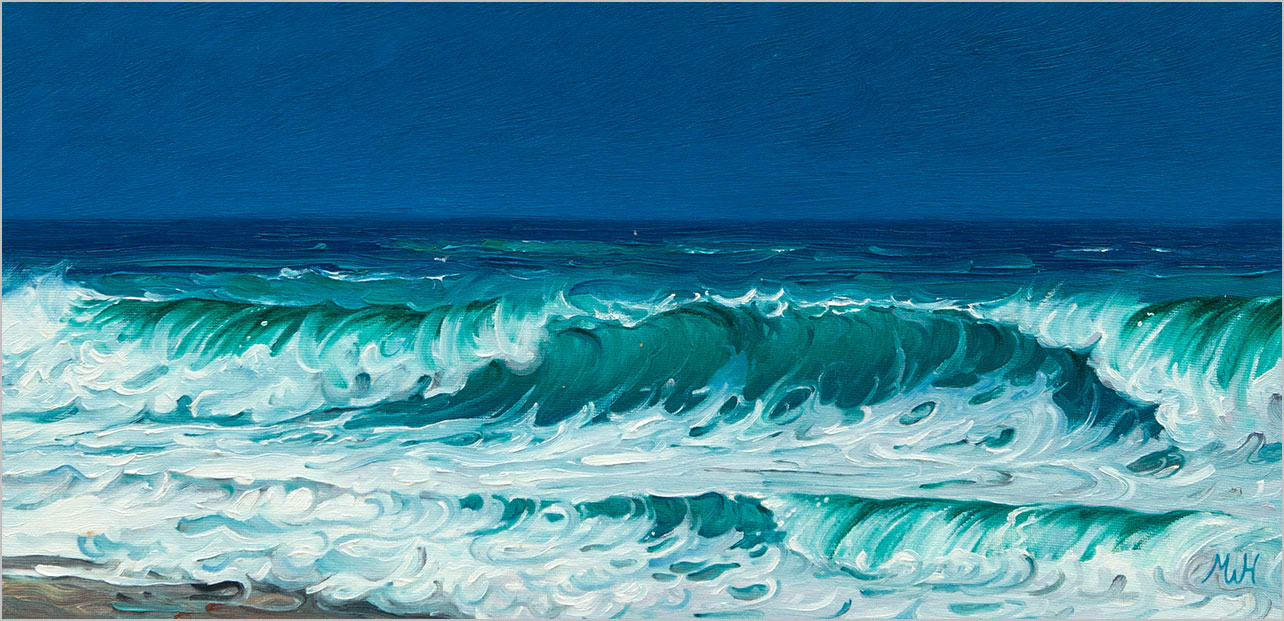Panoramic painting of an exotic beach paradise with frothy surfing waves.