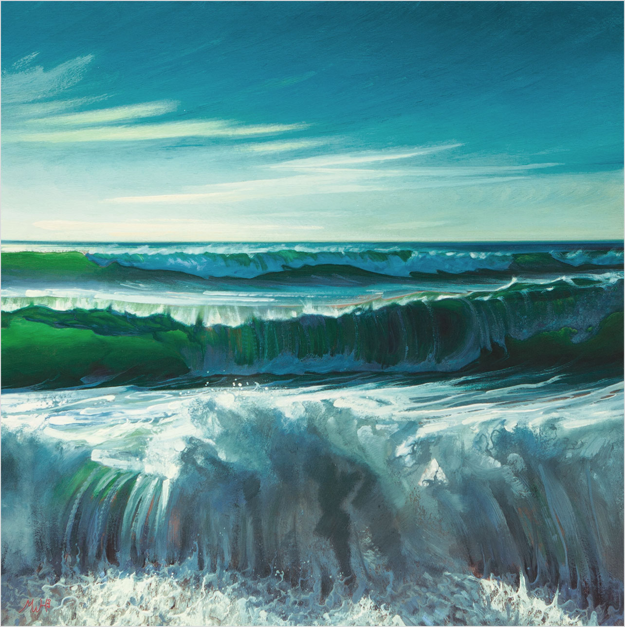 Gouache painting of beautiful green waves thundering in under azure skies.