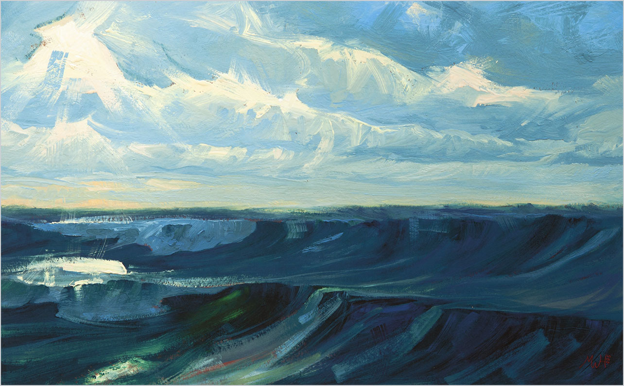 Gouache painting of chilly Atlantic waters in winter with dramatic waves, sunlight and clouds.