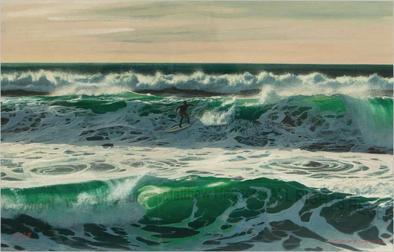 Surfer at Gwynver Beach riding a wave.